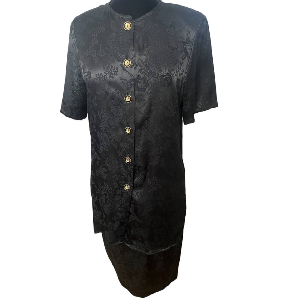 Vintage 80s Promises Promises Black Floral Embossed Skirt Set Large Work Retro